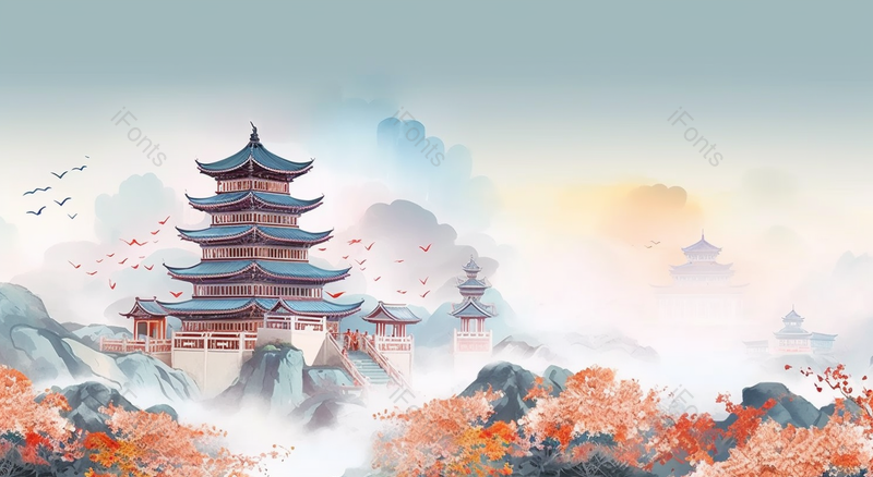 水墨画武汉黄鹤楼地标建筑背景山水画,插画/手绘图,插画/手绘图库,插画/手绘图下载,插画/手绘